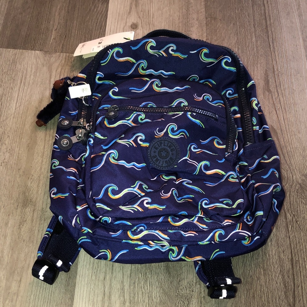 Kipling Seoul Small Fun Ocean Print Recycled Polyester Backpack + Key Chain NWT